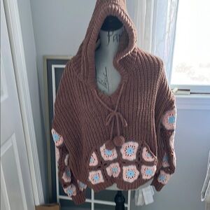 Cozy Brown Hooded Sweater with Crochet Accents